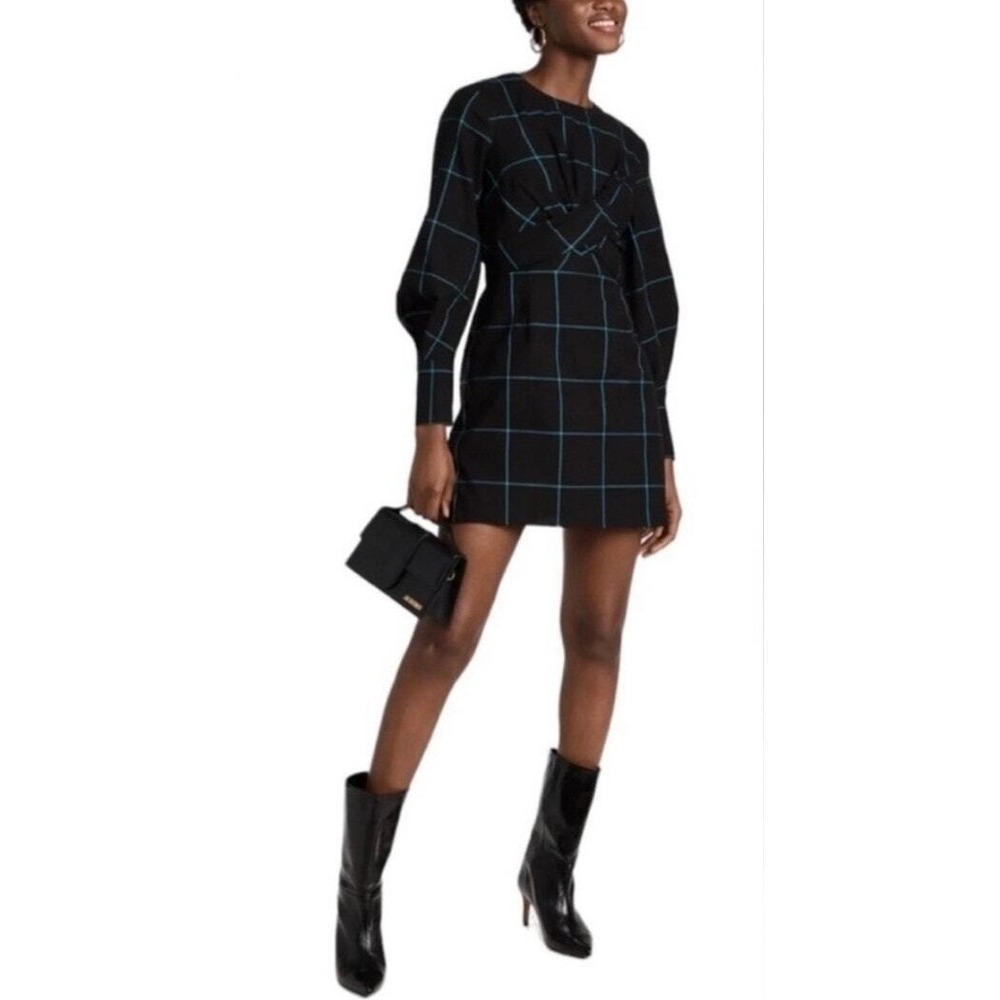 STAUD Mini Crosshill Dress Women Medium Black Windowpane Cutout Twist Front NEW